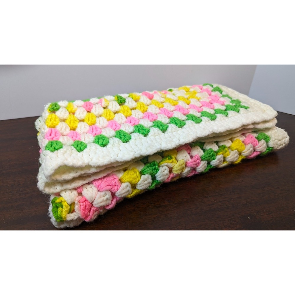 Vintage Handmade Crochet Granny Square Baby Blanket Pink Green Yellow White 29in